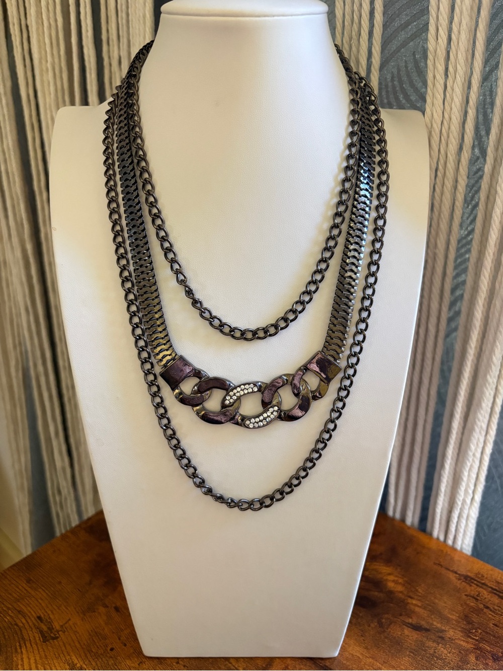 Layered GunmetalChain Necklace with Pave Accent